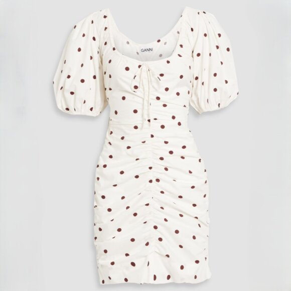 Ganni Ruched Polka Dot Mini Dress with Bow in White and Brown Size 34 - NWD - Picture 1 of 13